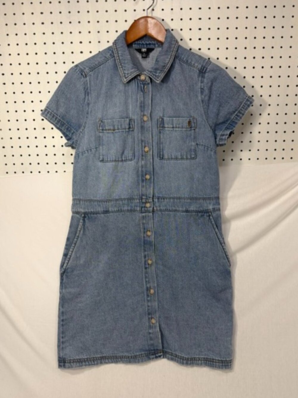 Frye Denim Shirt Dress Small S Blue Cotton Short Sleeve Mini Button Front Pocket